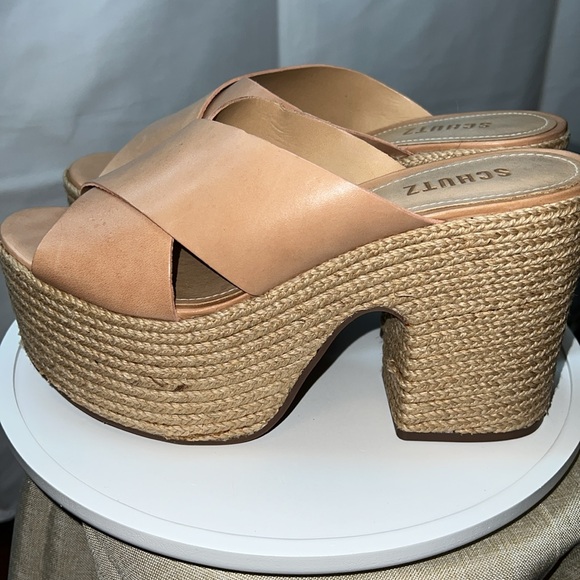 NEW SCHUTZ Tan Leather Jute Wrapped Platform Espadrille Sandals - Picture 2 of 6
